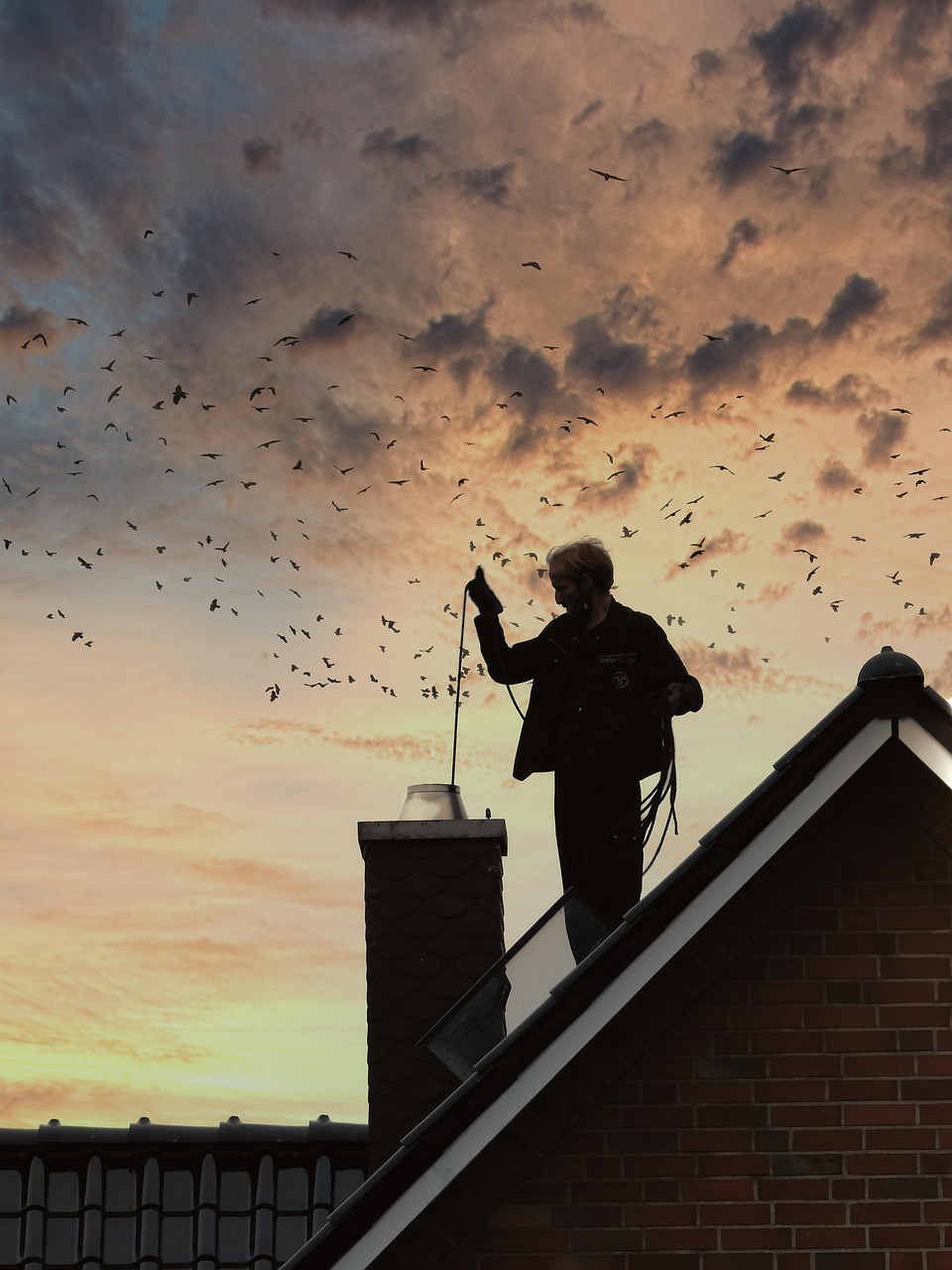 about-01 chimney sweep, chimney, roof, cleaning, work, sky, nature, birds, sunset, worker, man, house, dusk, lucky charm